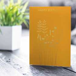 Happy birthday card with a pretty gold foil buttercups and grass  print - designed by artist Eloise Hall - 15.7 x 11cm and blank inside
