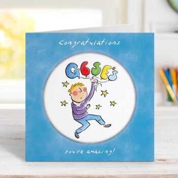 GCSE congratulations card for a boy - designed by Rosie Brooks - 15cm square and blank inside, made in the UK