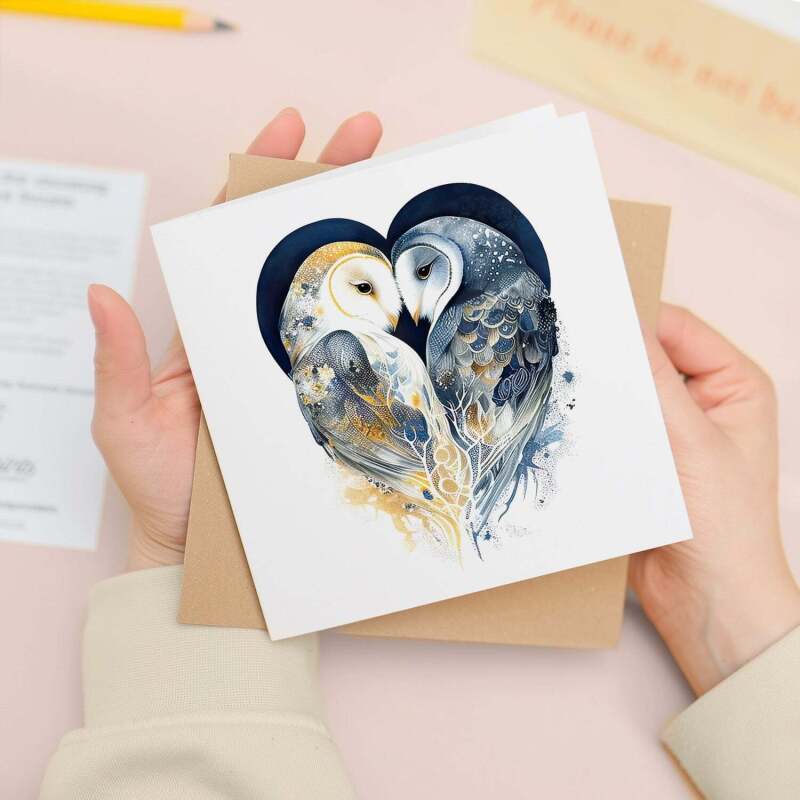 Anniversary Card For Wife Anniversary Card For Husband Boyfriend or Girlfriend Anniversary Card For Him or Her Blue Owls - Square (5.5x5.5) / Blank Inside