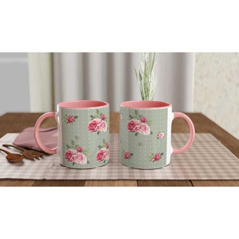 Pink Roses On Green Mug