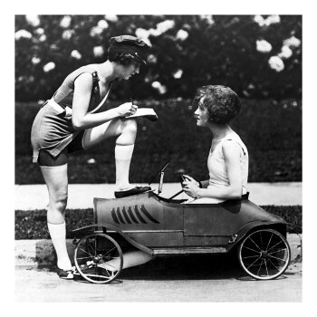 Holy Mackerel caught speeding retro black and white photographic card featuring a vintage image of issuing a fine - 15cm square and blank inside