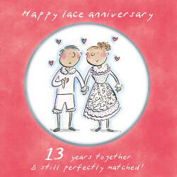 Holy Mackerel 13th (lace) wedding anniversary card by Artist Rosie Brooks. 15cm square and blank inside. Anniversary card for him, her, husband, wife, couple etc