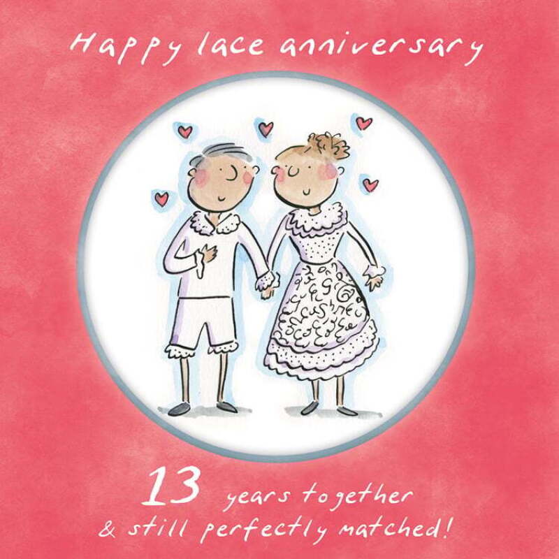 Holy Mackerel 13th (lace) wedding anniversary card by Artist Rosie Brooks. 15cm square and blank inside. Anniversary card for him, her, husband, wife, couple etc