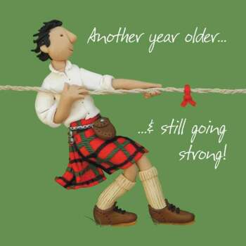 Holy Mackerel Still Going Strong Scottish Tug of War themed birthday card designed by Erica Sturla Card is 15cm square and blank inside for your own message