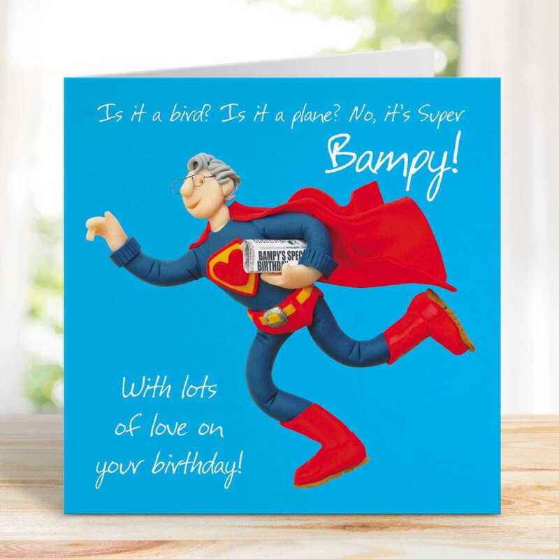 Super Bampy birthday card for a grandad - designed by Erica Sturla - 15cm square and blank inside, made in the UK