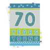 70 years young, a vibrant 70th birthday card in blues and greens with a fab printed envelope - 12 x 17cm and blank inside - made in the UK