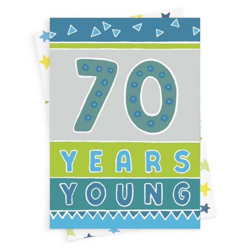 70 years young, a vibrant 70th birthday card in blues and greens with a fab printed envelope - 12 x 17cm and blank inside - made in the UK