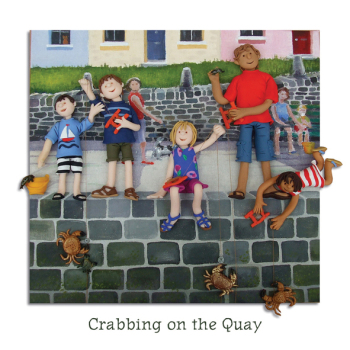 Holy Mackerel crabbing on the quay seaside themed blank greeting card - designed by artist Erica Sturla - 15cm square and blank inside for your own message