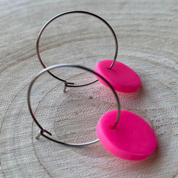 Fluorescent Pink Clay Hoop Earrings: Minimalist Festival Jewelry