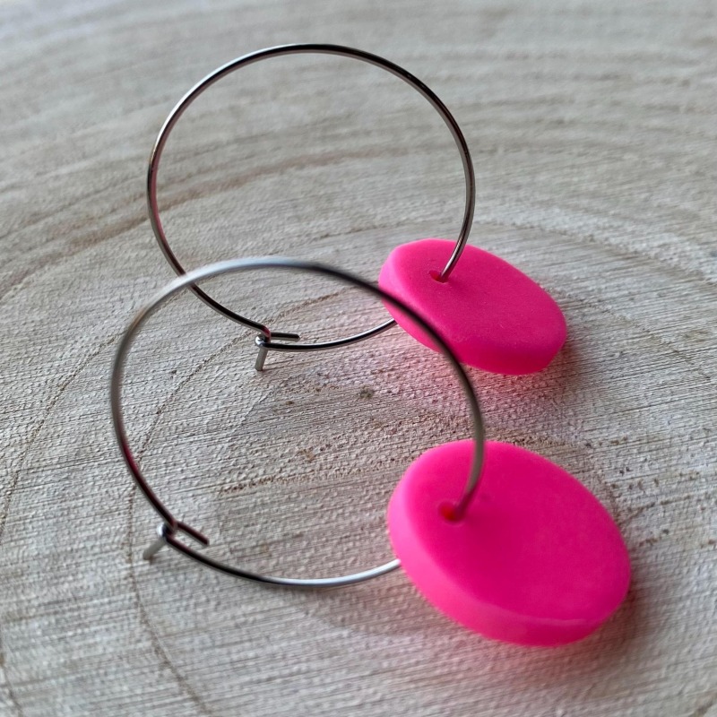 Fluorescent Pink Clay Hoop Earrings: Minimalist Festival Jewelry - fluorescent pink