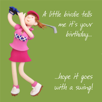 Holy Mackerel hope it goes with a swing female golf birthday card - designed by artist Erica Sturla - 15cm square and blank inside for your message - made in the UK