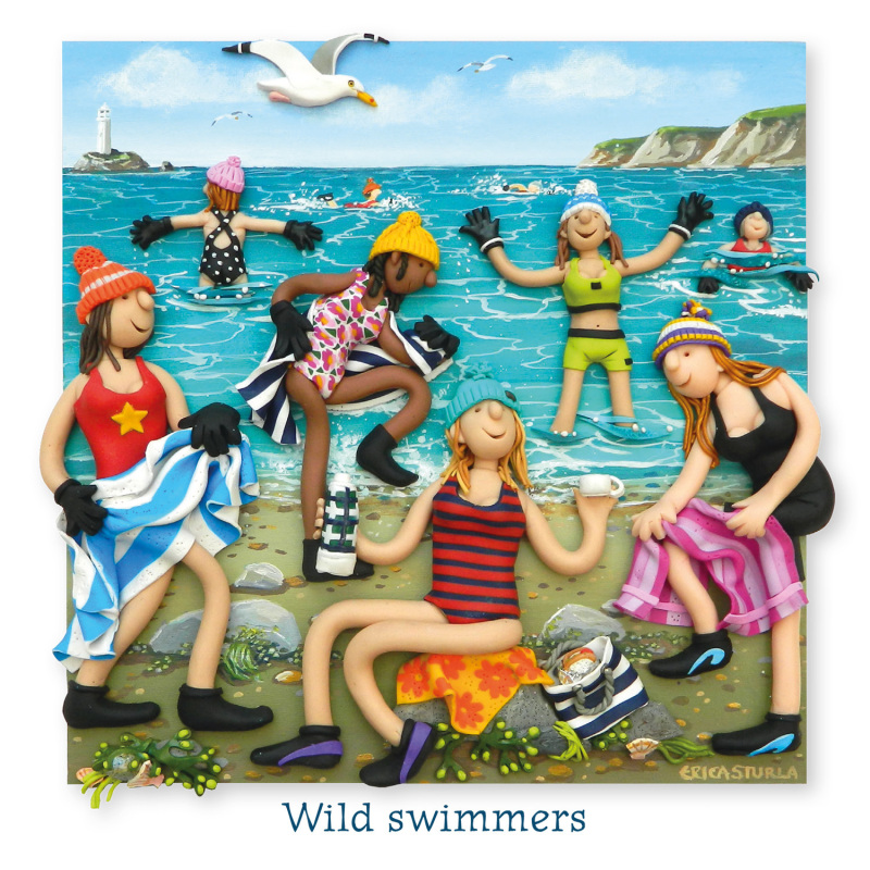 Holy Mackerel wild swimmers cold water swimming themed blank greeting card - designed by artist Erica Sturla - 15cm square and blank inside for your own message