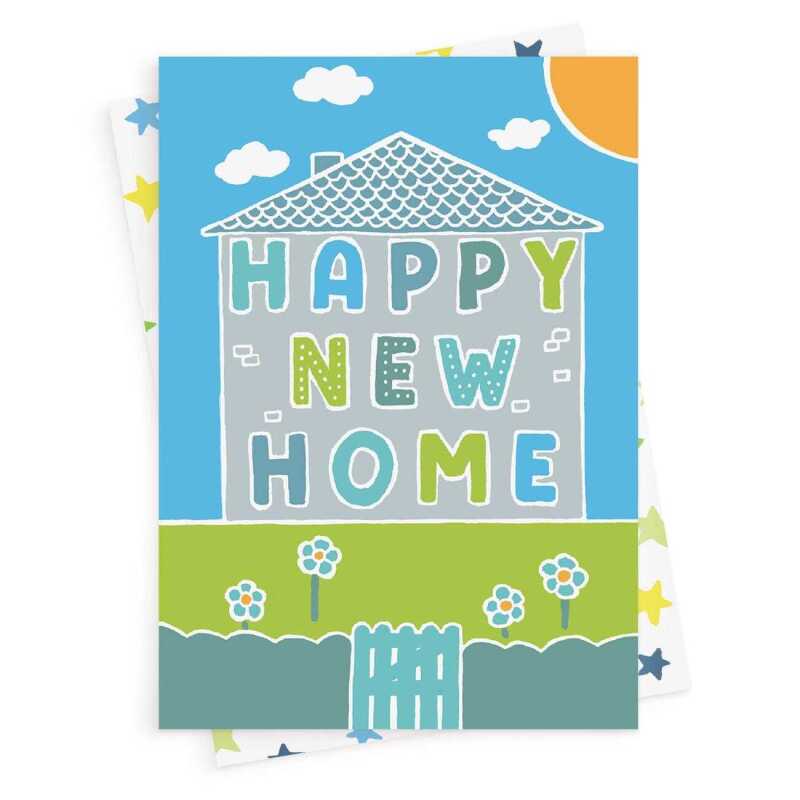A vibrant and fun happy new home card with a gorgeous printed envelope - 12 x 17cm and blank inside - made in the UK
