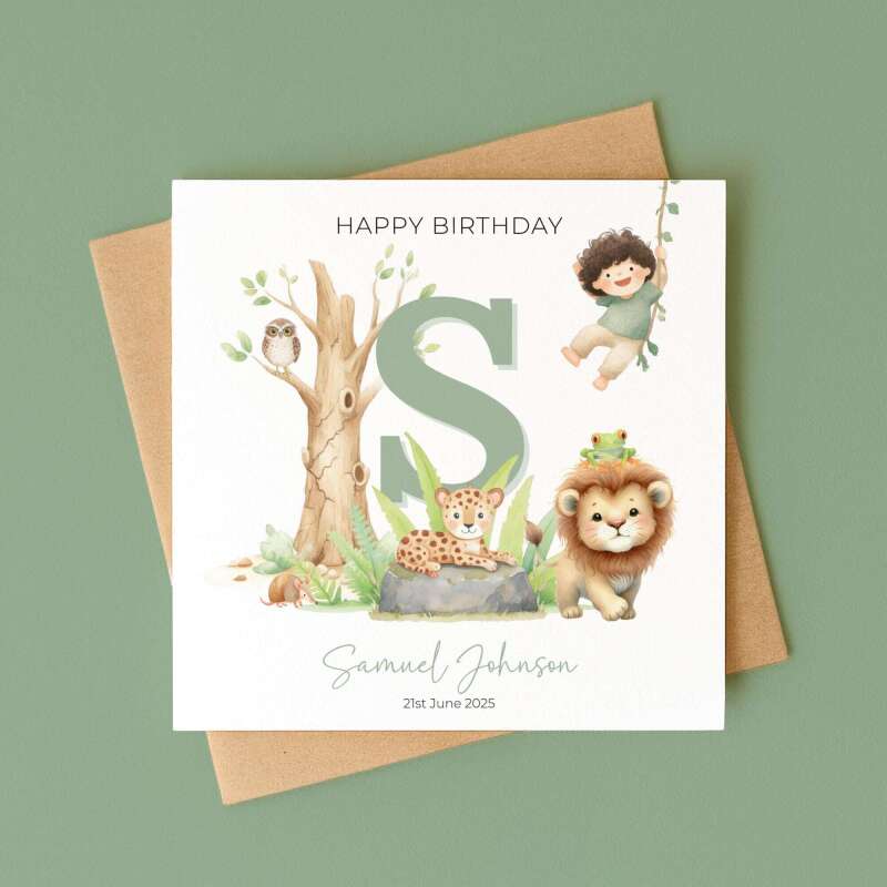 Personalised Jungle Birthday Card with Safari Animals & Child Name Custom Kids Greeting Handmade - Smooth No Message - Kraft Brown