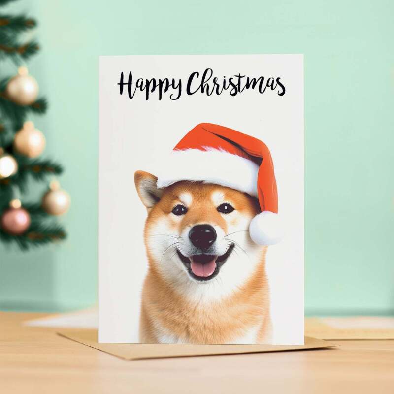 Christmas Card For Him or Her Christmas Card With A Dog Shiba Inu Dog Christmas Card For Anyone Friend Fun Christmas Card of a Dog - Large (5x7) / Blank Message