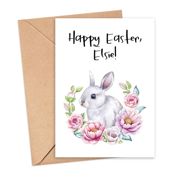 Personalised Easter Card - Watercolour Bunny & Floral Wreath - Small (A6)