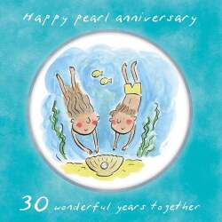 Holy Mackerel 30th (pearl) wedding anniversary card by Artist Rosie Brooks. 15cm square and blank inside. Anniversary card for him, her, husband, wife, couple etc