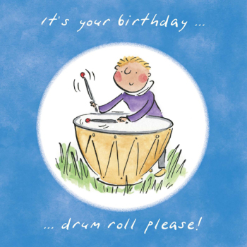 Drum Roll Please Music Themed Birthday Greetings Card by Artist Rosie Brooks. Card is 150mm Square.