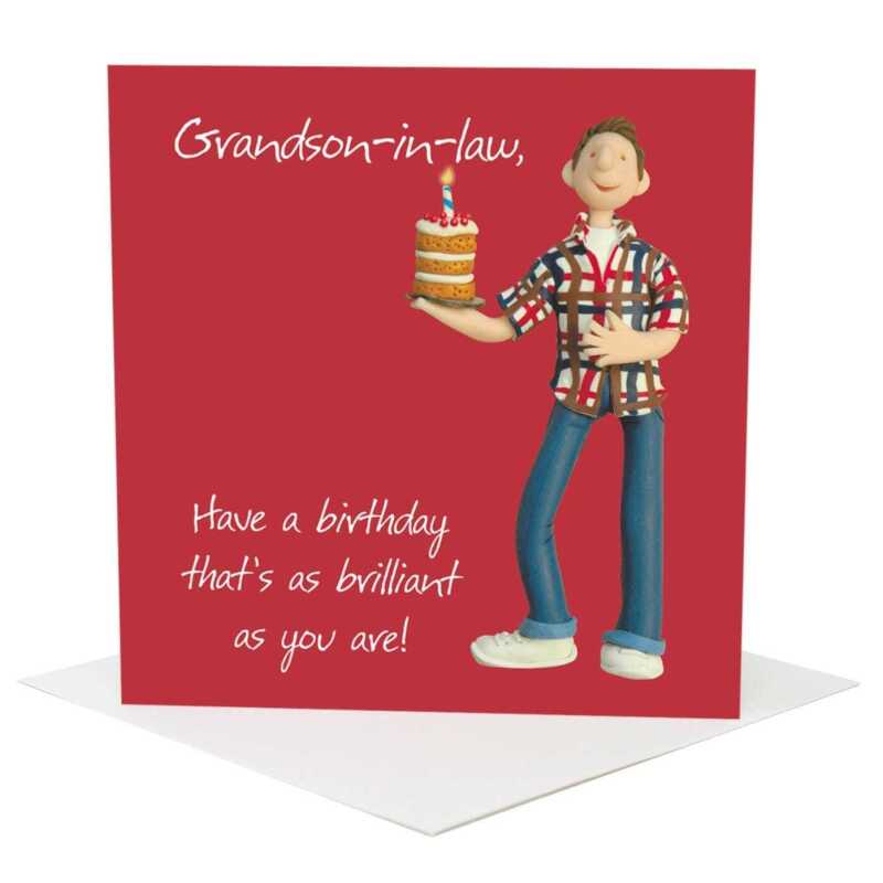 Birthday card for him (grandson-in-law) - designed by Erica Sturla - 15cm square and blank inside, made in the UK