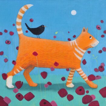 Holy Mackerel day tripper cat themed art card for him or her - designed by artist Ailsa Black - 15cm square and blank inside for your message