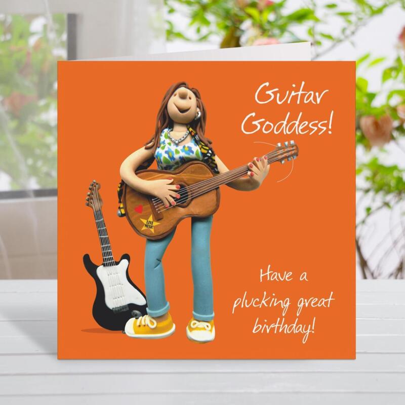 Funny guitar goddess birthday card for her - designed by Erica Sturla - 15cm square and blank inside, made in the UK