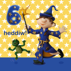 Holy Mackerel 6 Heddiw (six today) boy's Welsh 6th birthday card featuring a wizard - designed by artist Erica Sturla - 15cm square and blank inside for your message - made in the UK