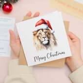 Fun Christmas Card of a Lion Wearing A Santa Hat Whimsical Watercolour Christmas Card For Animal Lover For Him or Her