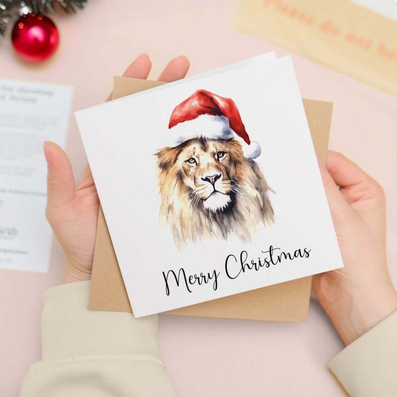 Fun Christmas Card of a Lion Wearing A Santa Hat Whimsical Watercolour Christmas Card For Animal Lover For Him or Her - Square (5.5x5.5) / Blank Inside