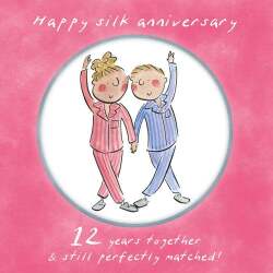 Holy Mackerel 12th (silk) wedding anniversary card by Artist Rosie Brooks. 15cm square and blank inside. Anniversary card for him, her, husband, wife, couple etc