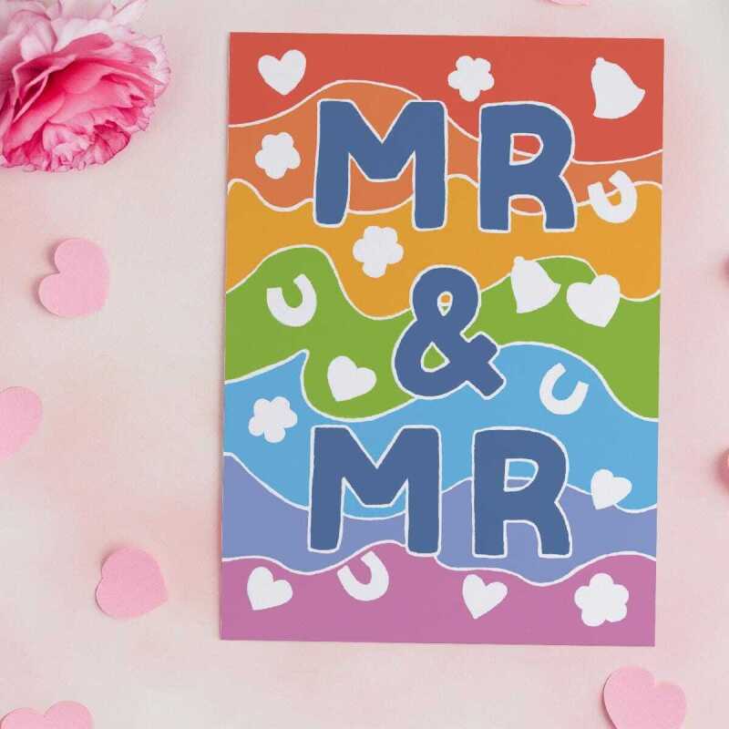 Mr and Mr, confetti themed gay wedding card with a gorgeous printed envelope - 12 x 17cm and blank inside - made in the UK