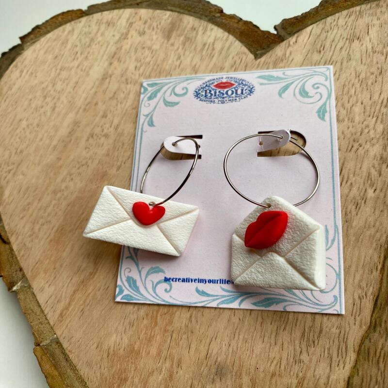 Heart Envelope Dangle Earrings | Handmade Polymer Clay Jewelry - silver