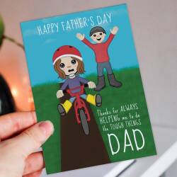 Thanks for always helping me do the tough things Dad cute, riding a bike, bicycle Father’s Day card from son or daughter (Size A6/A5/A4)