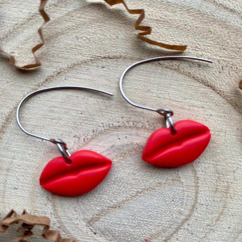 Red Lips Earrings: Handmade Polymer Clay, Surgical Steel Hooks