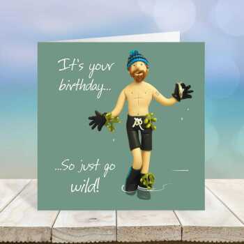 Wild swimming themed birthday card for him - designed by Erica Sturla - 15cm square and blank inside, made in the UK