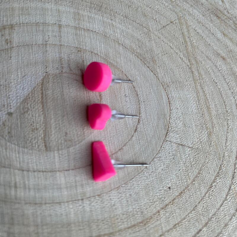 Fluorescent Pink Clay Stud Earrings: Hypoallergenic Micro Studs - Heart - none