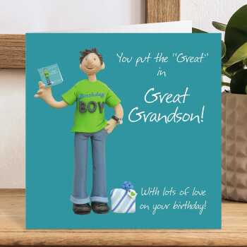 Grown up great grandson birthday card for him - designed by Erica Sturla - 15cm square and blank inside, made in the UK