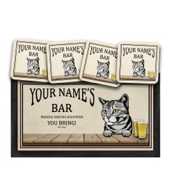 Personalised Cat Bar Runner Mat, Cat Sign & 4 x Drinks Coasters Gift Set Garden Bar Sets / Custom Beer Mats Home Bar, personalised bar mat