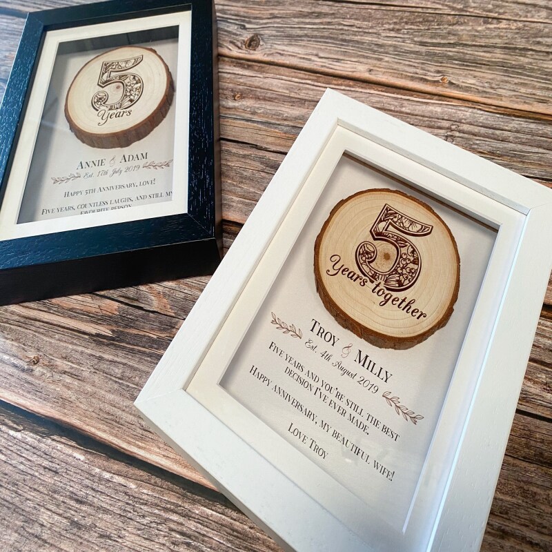 5th anniversary gift - wood. 5th wedding anniversary gift. Personalised 5 year anniversary gift for wife or husband. Fifth anniversary. - White frame