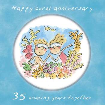 Holy Mackerel 35th (coral) wedding anniversary card by Artist Rosie Brooks. 15cm square and blank inside. Anniversary card for him, her, husband, wife, couple etc