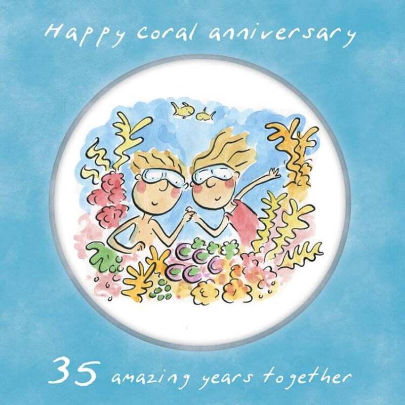 Holy Mackerel 35th (coral) wedding anniversary card by Artist Rosie Brooks. 15cm square and blank inside. Anniversary card for him, her, husband, wife, couple etc
