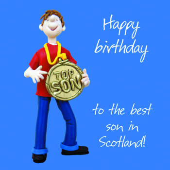 Best Son in Scotland Birthday Greetings Card, Designed by Erica Sturla for Holy Mackerel. Card is 150mm Square and Blank Inside.