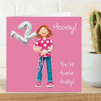 12th birthday card for her - designed by Erica Sturla - 15cm square and blank inside, made in the UK