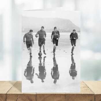 Footballers training on the beach - vintage black and white themed card - 12.6 x 17.7cm and blank inside - made in the UK
