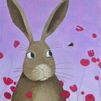 Holy Mackerel flight of the red tailed bee rabbit themed art card for him or her - designed by artist Ailsa Black - 15cm square and blank inside for your message