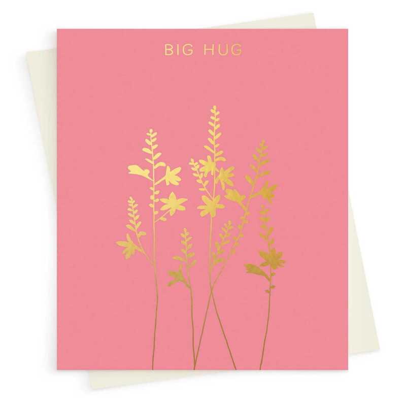 Big hug greeting card embellished with a pretty gold foil crocosmia print - designed by artist Eloise Hall - 15.7 x 11cm and blank inside