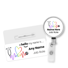 Name Badge & Metal ID Reel - Rainbow Stethoscope Hello My Name is...