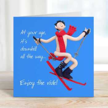 Skiing themed birthday card for him - designed by Erica Sturla - 15cm square and blank inside, made in the UK