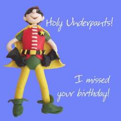 Holy Mackerel holy underpants belated birthday card - designed by artist Erica Sturla - 15cm square and blank inside for your message - made in the UK