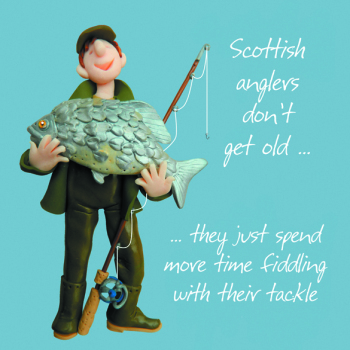 Scottish Anglers Birthday Greetings Card, Designed by Erica Sturla for Holy Mackerel. Card is 150mm Square and Blank Inside.