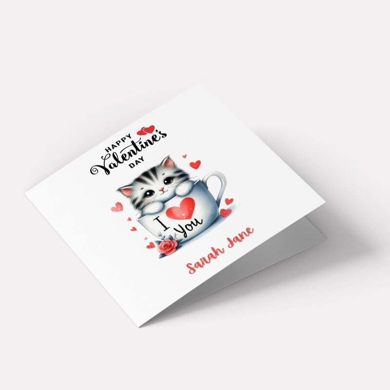 Kitten Valentines day card in a teacup design custom name romantic gift for partner - Smooth No Message - Kraft Brown